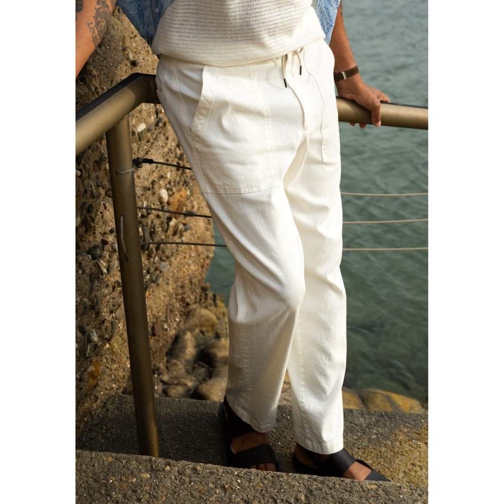 Proper Cloth Amalfi Drawstring Pants Sz 35 Ivory Bergamo Sage Twill Linen Blend